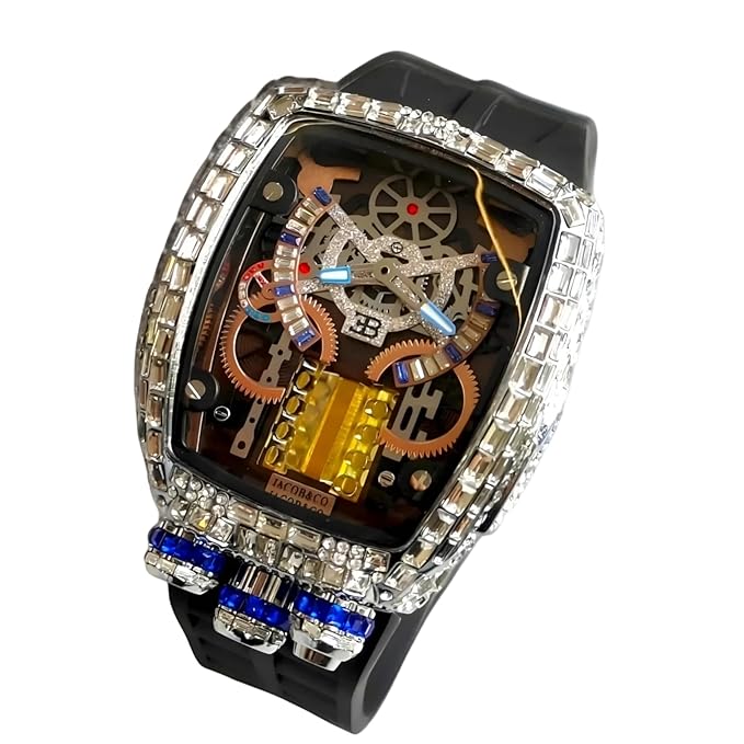 Knight Watch,Luxury Skeleton Watch with Crystal Bezel, Mechanical Movement, Black Silicone Band