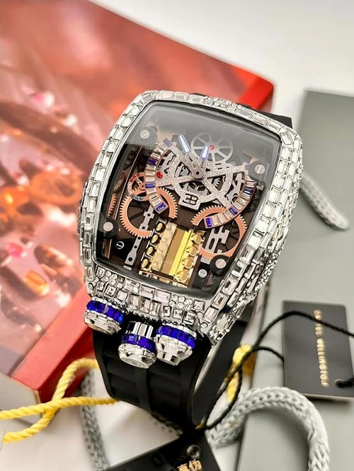 Knight Watch,Luxury Skeleton Watch with Crystal Bezel, Mechanical Movement, Black Silicone Band