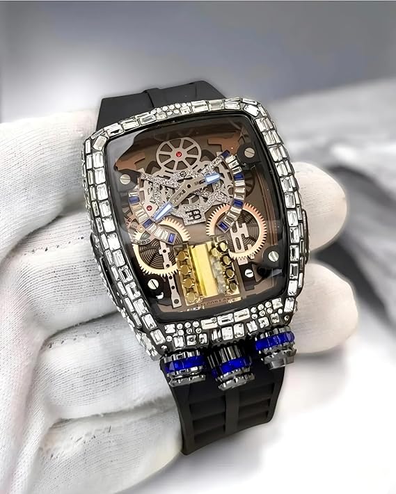 Knight Watch,Luxury Skeleton Watch with Crystal Bezel, Mechanical Movement, Black Silicone Band