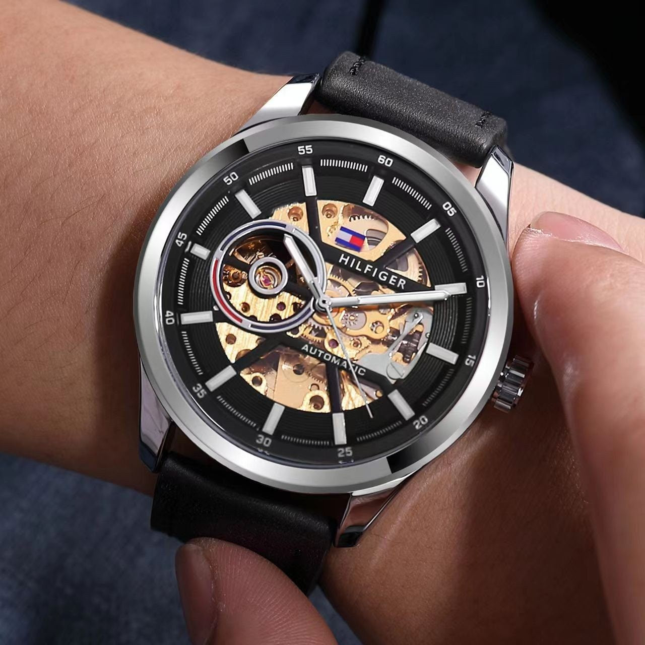 Tommy_hilfiger Automatic Leather Black-Silver-Black