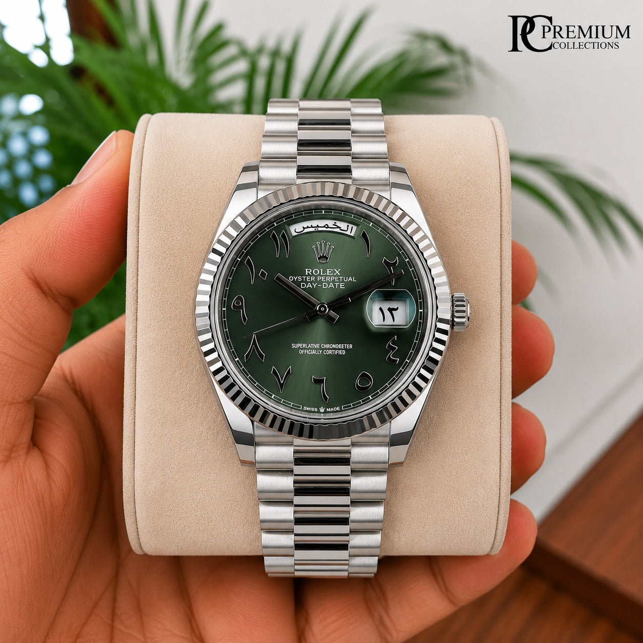 Role_x Day Date Arabic Silver/Green Watch