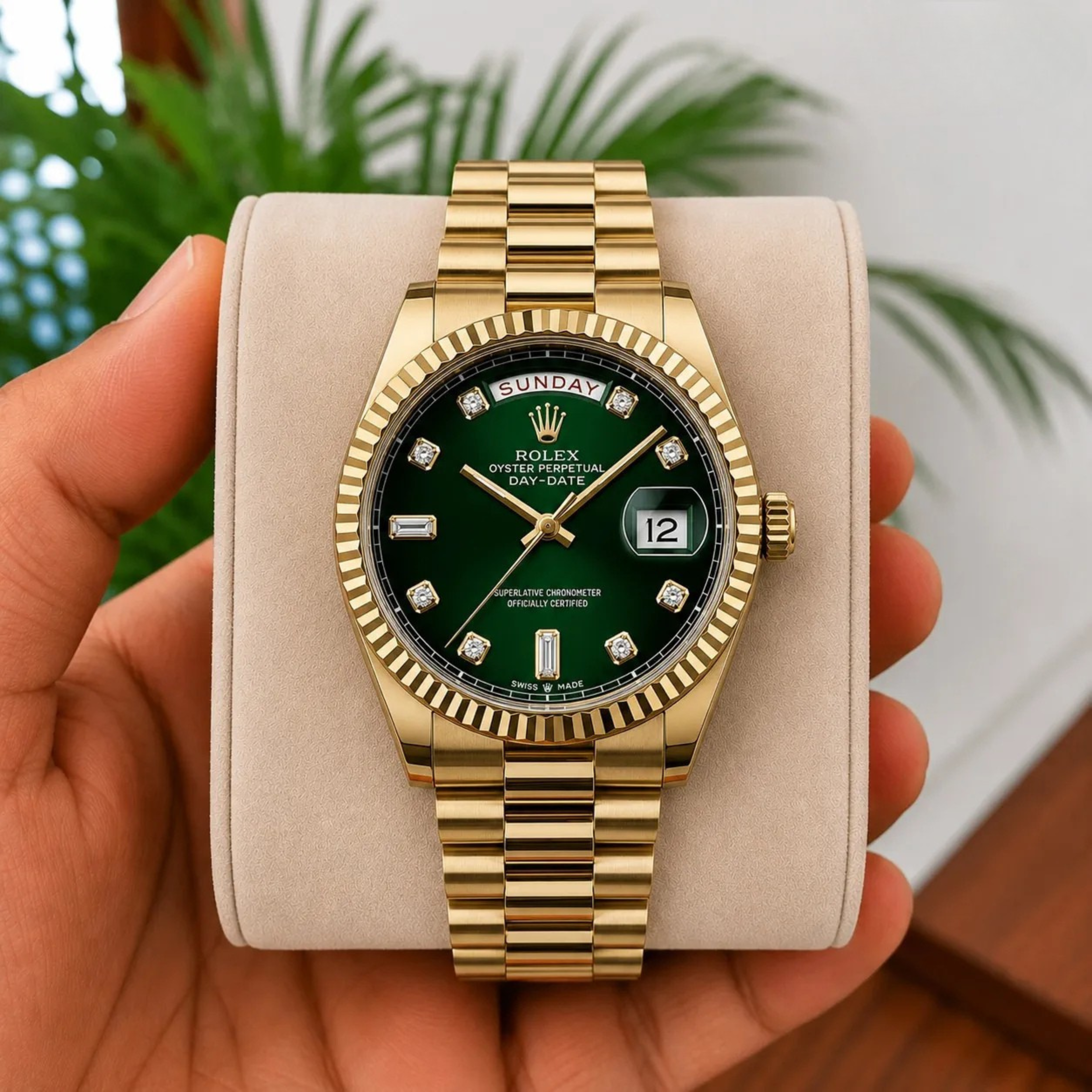 Role_x Day Date Gold/Green S-Diamond Watch