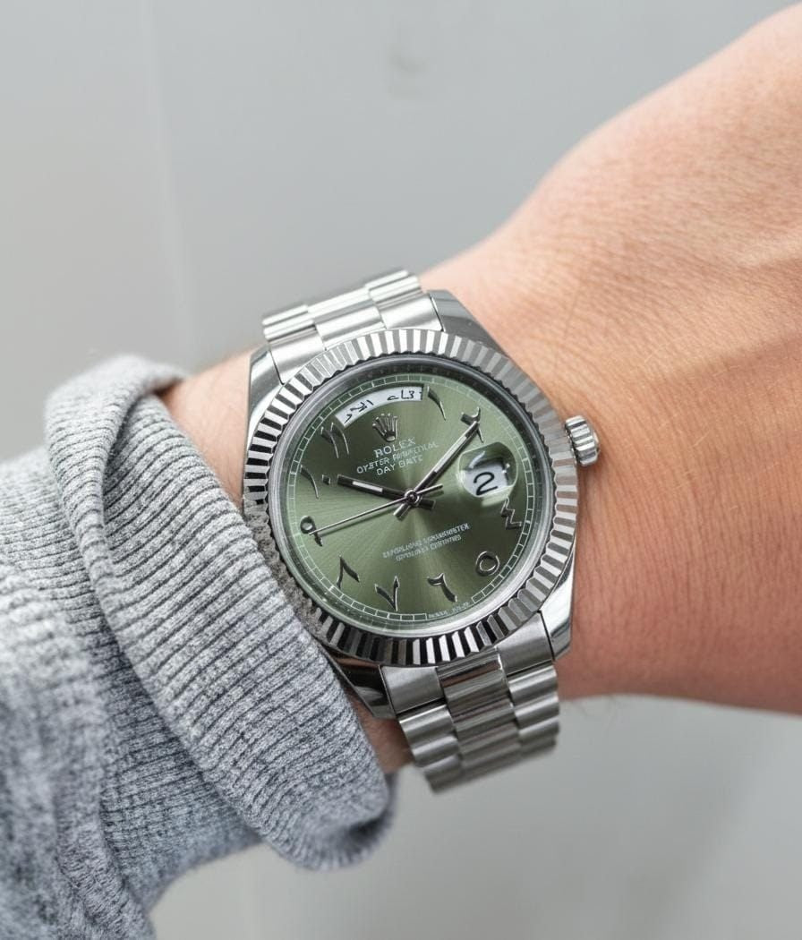 Role_x Day Date Arabic Silver/Green Watch