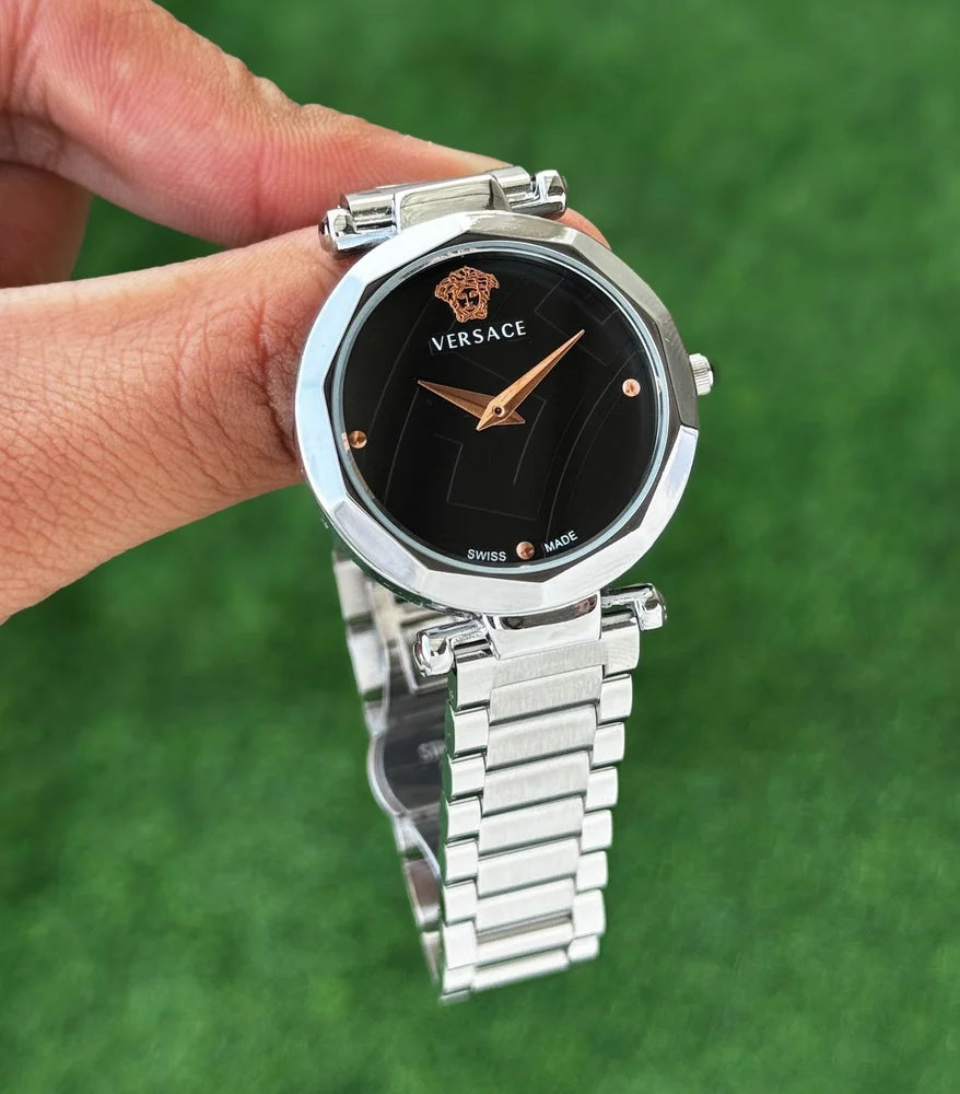 Versace Watch Diva Chain Women’s Watch – Premium Quality Black Dial Silver Strap