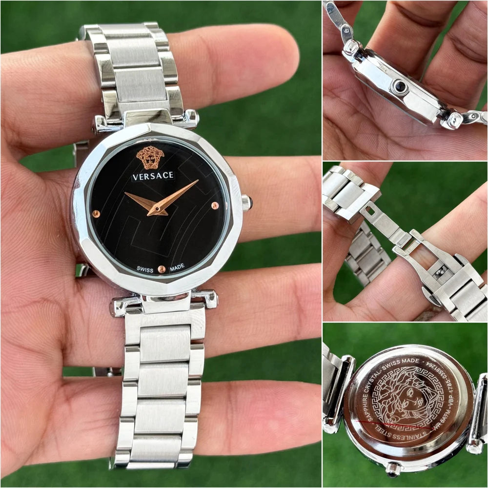 Versace Watch Diva Chain Women’s Watch – Premium Quality Black Dial Silver Strap