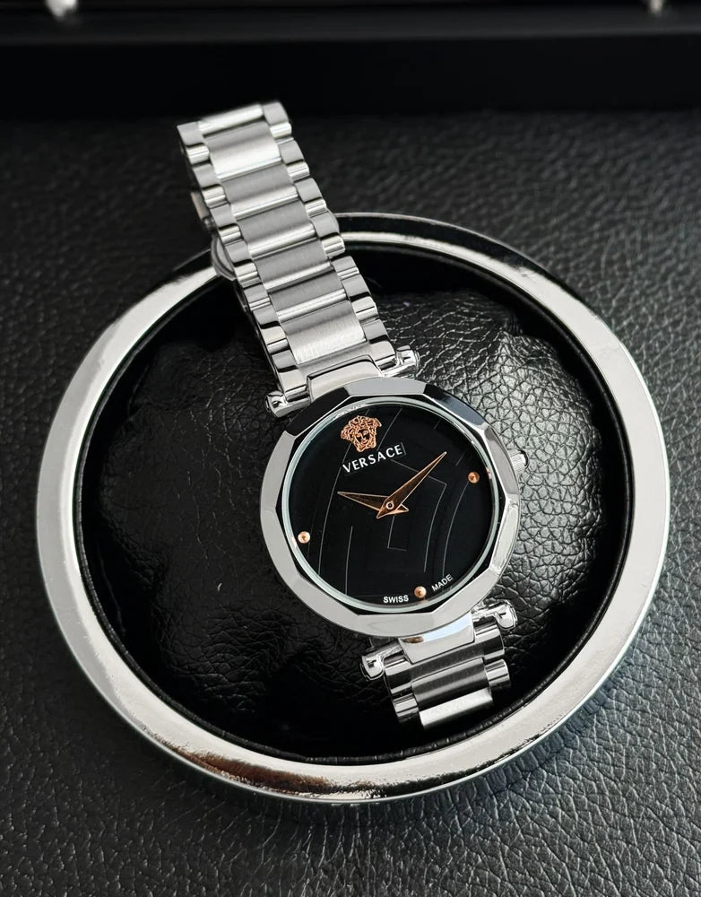 Versace Watch Diva Chain Women’s Watch – Premium Quality Black Dial Silver Strap